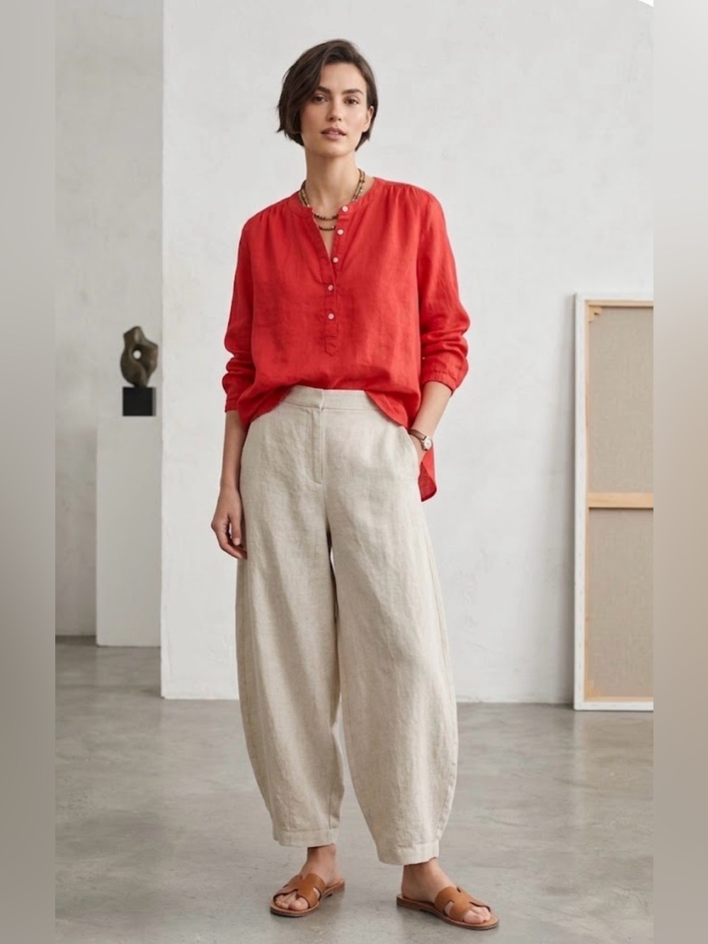 J.Crew Red Cotton Stretch Henley Tunic Blouse Collarless Long Sleeve Top